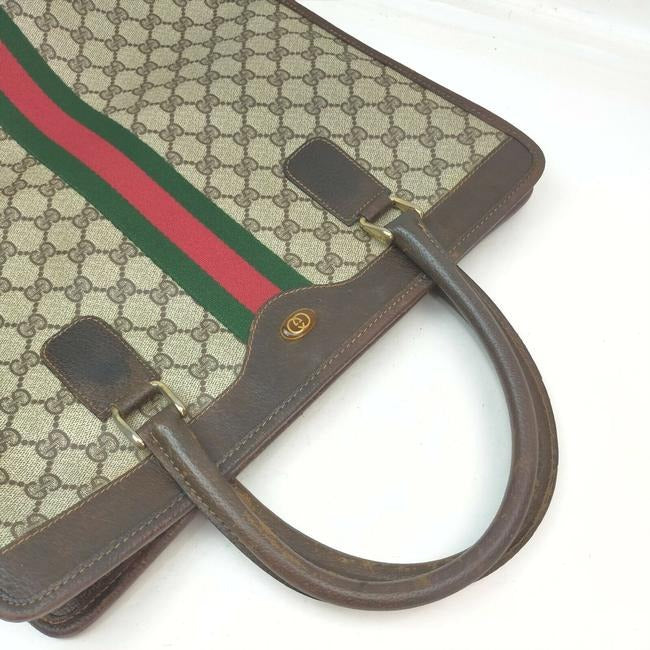 Gucci, brown Guccissima print coated canvas and brown leather, XL portfolio style satchel or tote with a red and green Sherry striped center