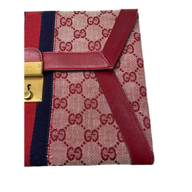 Gucci Guccissima Print Canvas & Red Leather Clutch/Portfolio With Center Blue/Red Stripe