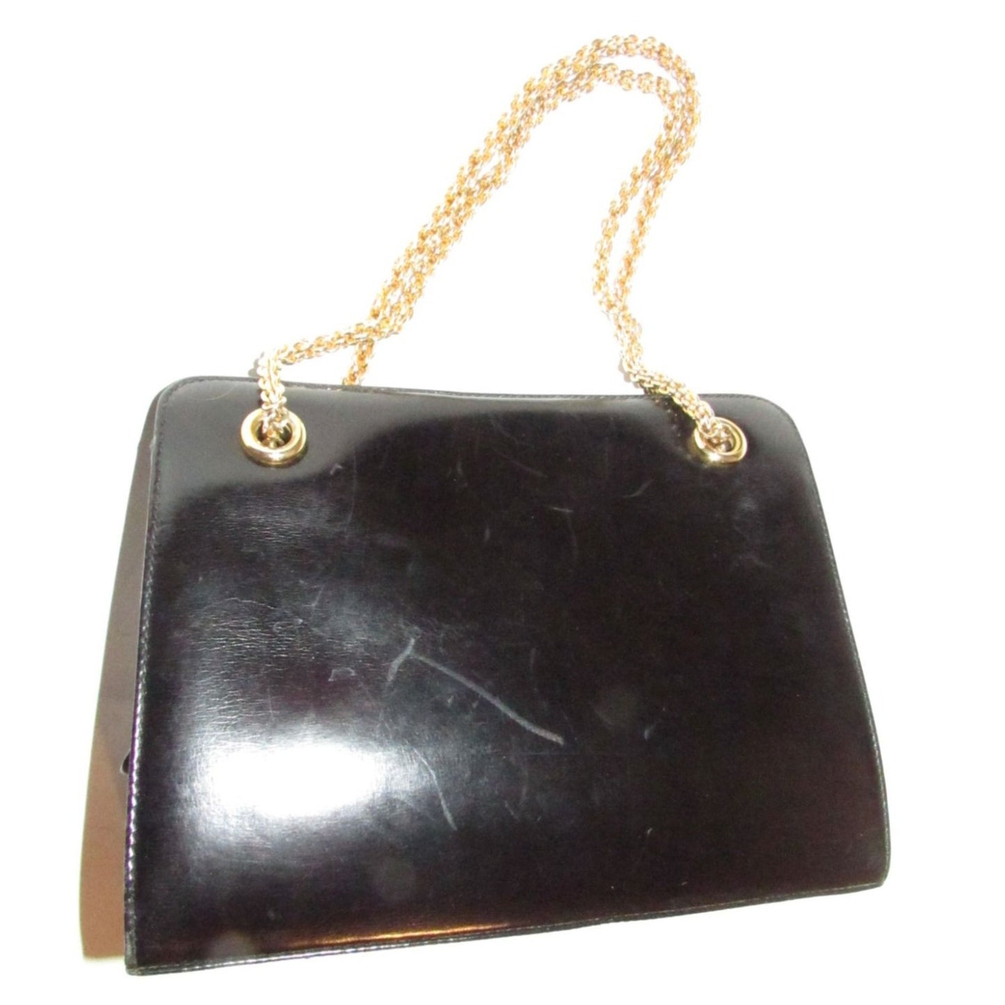 Rare 60s, mod, Giorgio Gucci, black leather, satchel style shoulder bag with a snap hinged top, two heavy gold chain shoulder straps