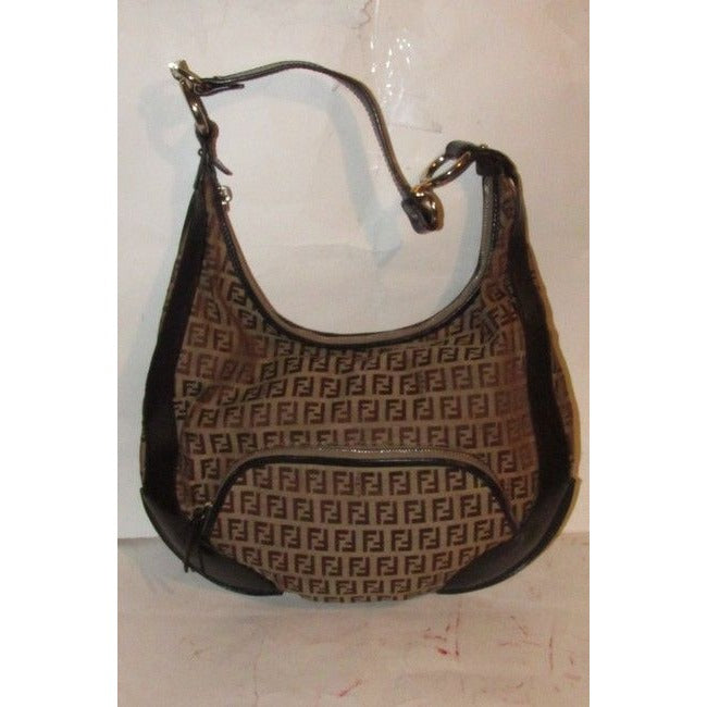 Fendi Chef Shoulder Purse Brown Zucchino Or Small F Logo Print Light Brown On Canvas And Brown Leath