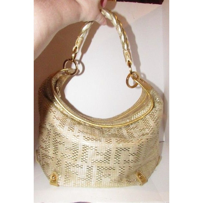 Fendi Shoulder Xl W Zucca Design Gold Leather With Woven F Logo Hobo Bag