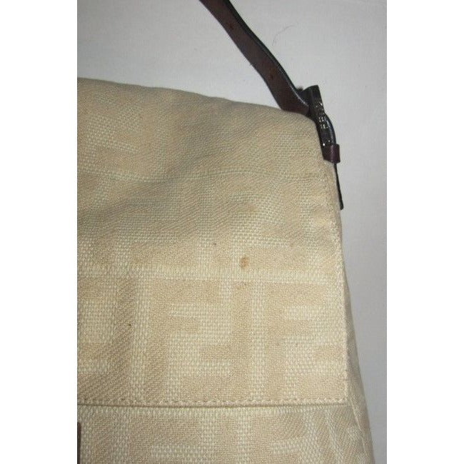 Fendi Mamma Zucco Style Shoulder Purse Zucca Print In Shades Of Tan Canvas And Leather Satchel