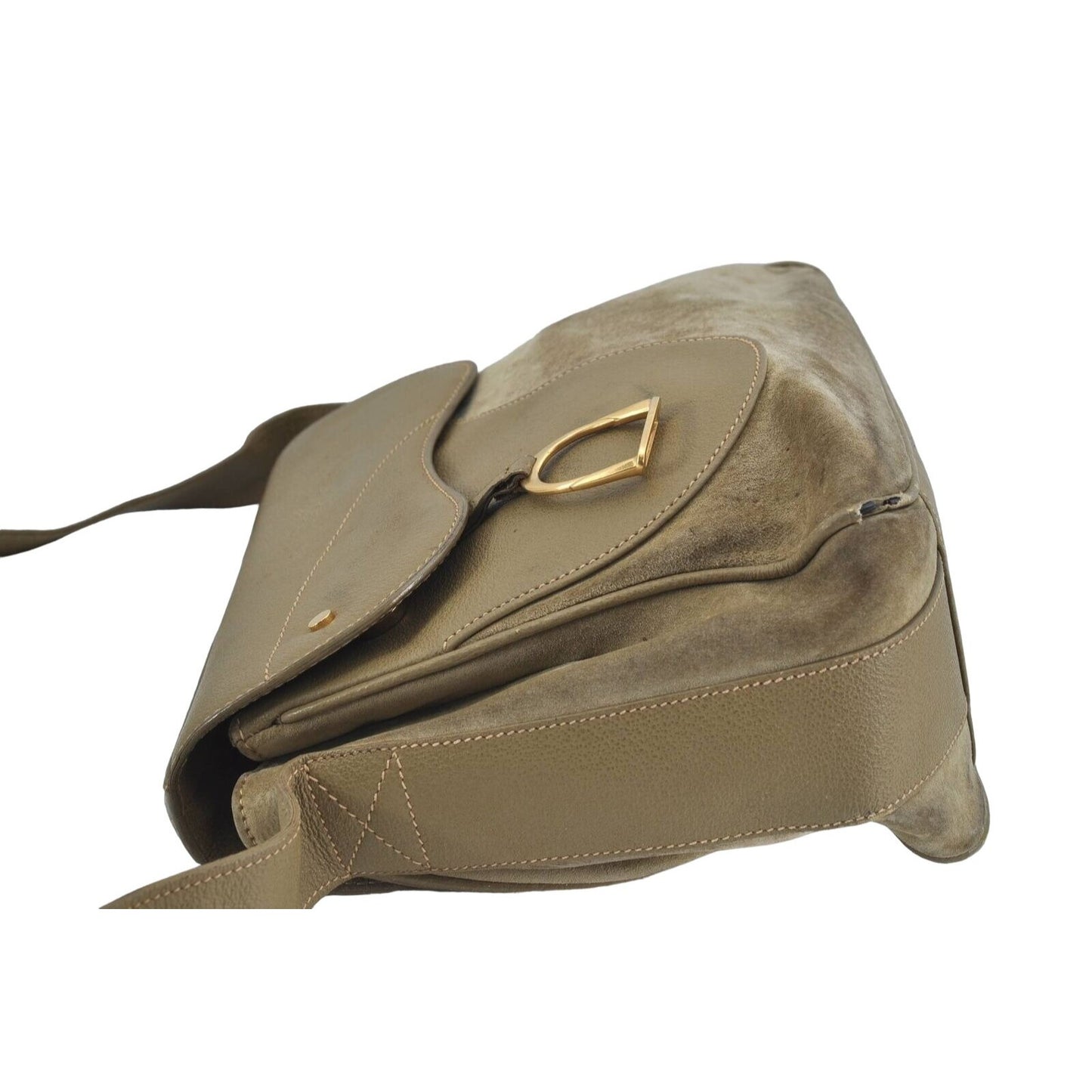 Gucci Stirrup style olive green suede and leather saddle bag cross body or shoulder bag with a gold stirrup accent!