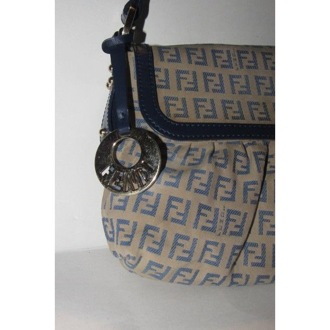 Fendi Pursesdesigner Purses Blue Small F Logo Print On Tan Canvas And Navy Leather Hobo Bag