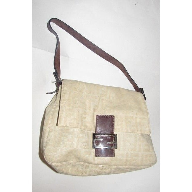 Fendi Mamma Zucco Style Shoulder Purse Zucca Print In Shades Of Tan Canvas And Leather Satchel