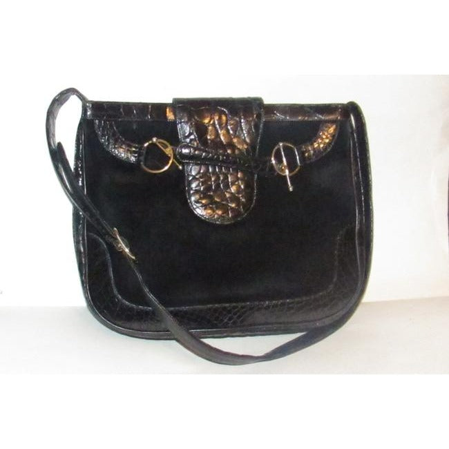 RARE, Gucci, 'snaffle' style, bohemian/mod, black suede and crocodile leather, hobo style shoulder purse with a wide, crocodile embossed leather flap snap closure and gold tone equestrian accents