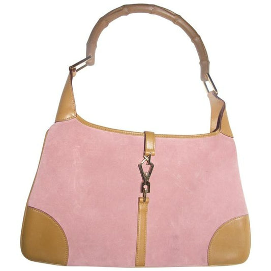 SOLD- Gucci Jackie Vintage Pink Suede And Camel Leather With A Bamboo Handle Hobo Bag