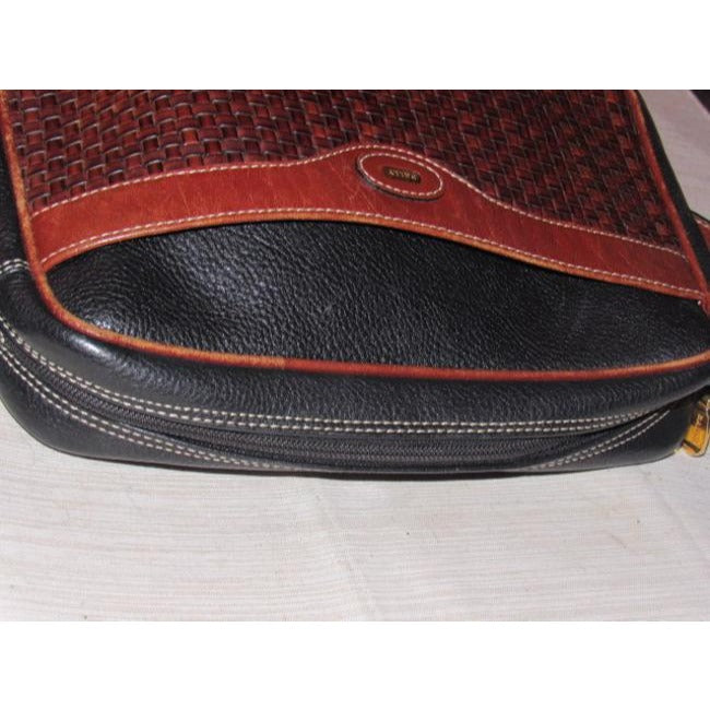 Bally Vintage Black Leather Shoulder Bag With Brown Woven Leather