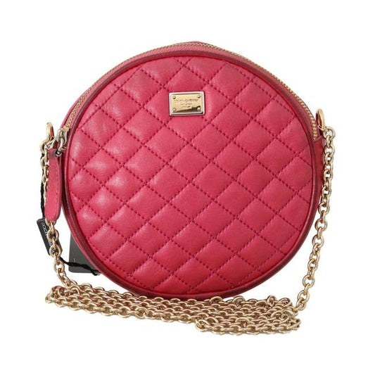 Dolce And Gabbana Round Canteen Style Purses Hot Pink Quilted Leather With A Gold Chain Strap Cross