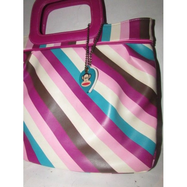 Paul Frank Pursesdesigner Purses Ivory Turquoise Plum And Lavender Striped Print Pvc Tote