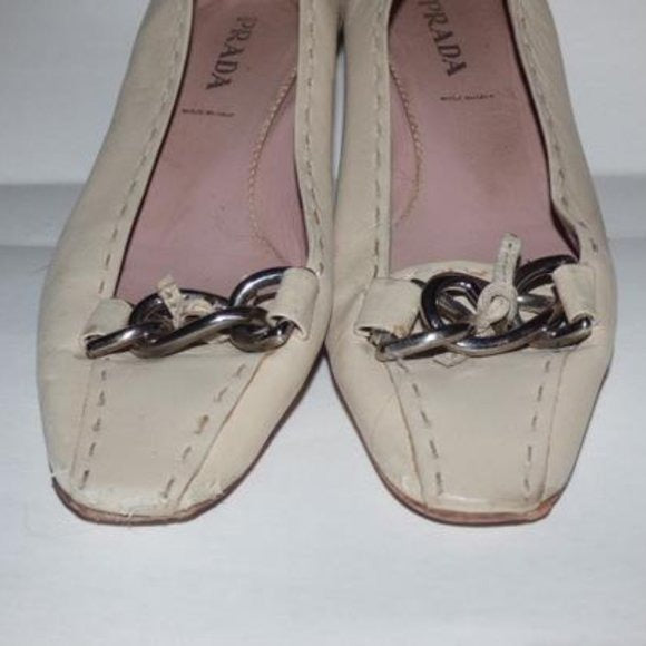 Prada Ivory Squared Pointy Toe Kitten Heel with Chrome  Chain