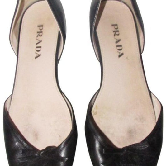 Prada Black Leather Open Toe D'orsay Style Flats with a Bow Accent