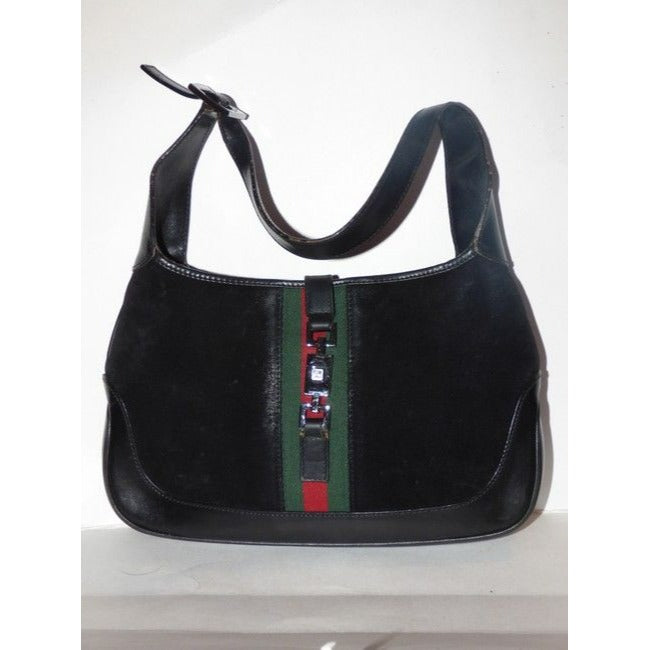 Gucci Shoulder Jackie W Suede Leather Sherry Black With Red Green Stripe Hobo Bag