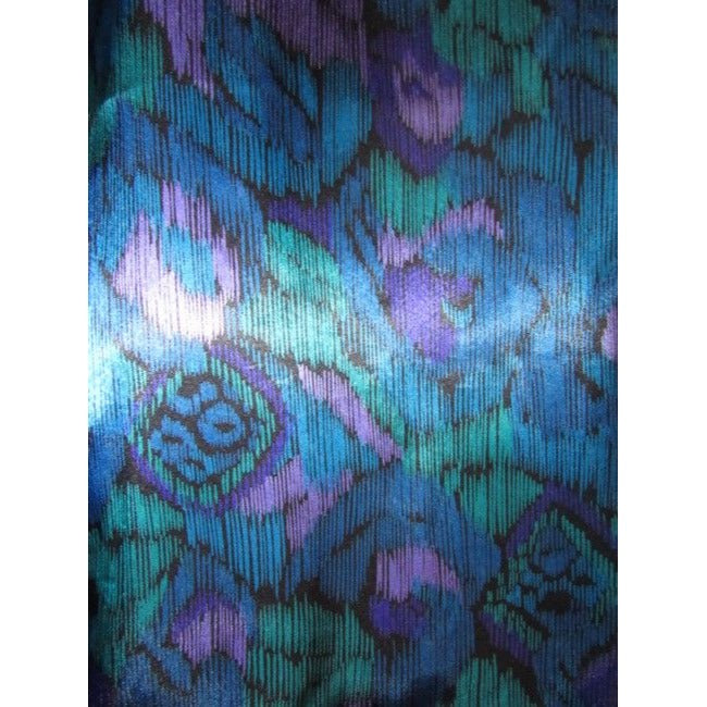 Notations Teal Green Purple And Black Peacock Print Silky Polyester Vintage Secretary Top