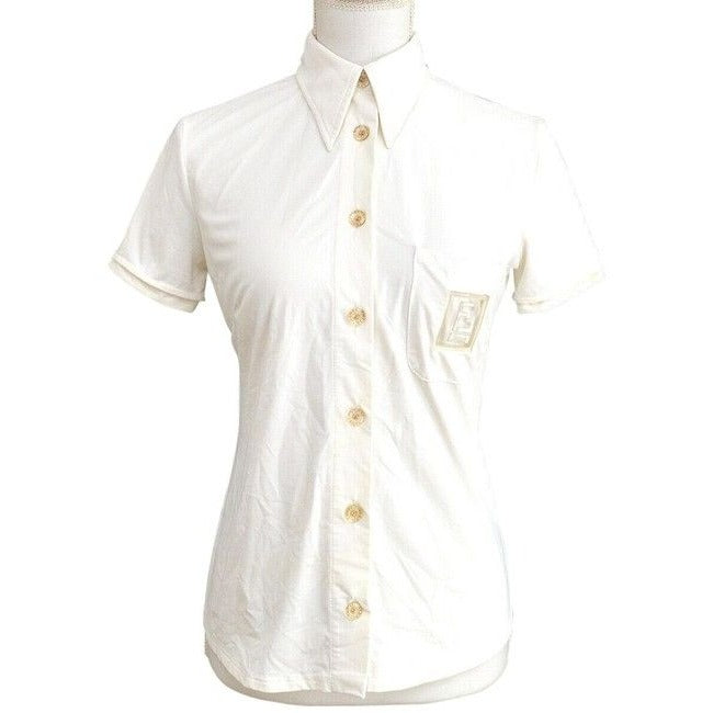 Fendi White With Ff Logo Pocket Button Down Blouse