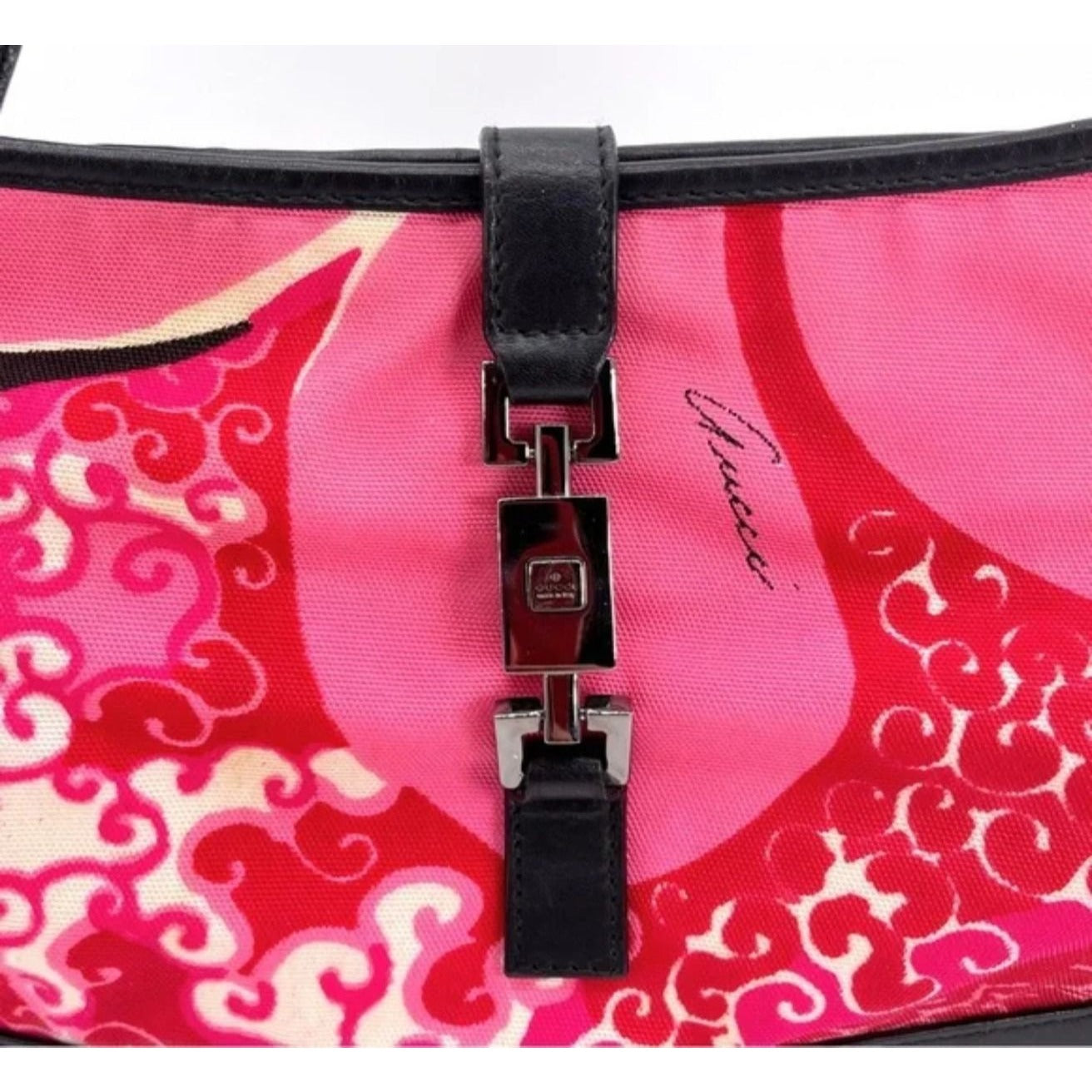 RARE, Tom Ford 1999 Gucci, pink & red 60's abstract floral print & black leather, Jackie hobo style purse with a chrome push lock closure,