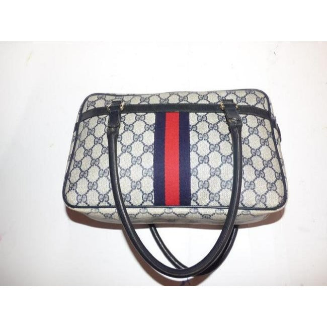 Gucci Guccissima Print Canvasleather Top Handle With Navy G Logoredblue Stripe Leathercoated Canvas