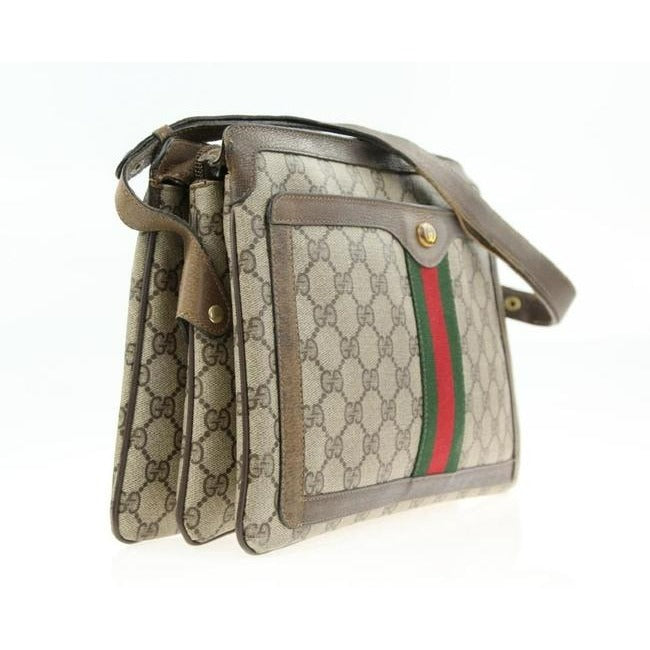 Gucci Guccissima Print Canvasleather Multi Compartment Two Way Brown Gred And Green Stripe Coated Ca