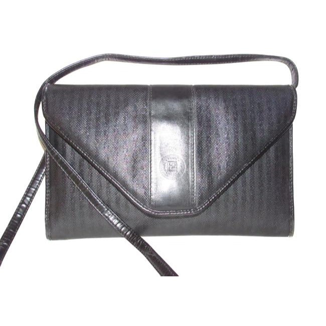 Fendi Vintage Thin Regimental Stripe Print Black Grey Coated Canvas And Leather Two-Way Shoulder Bag or Clutch