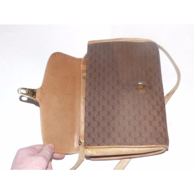 Gucci Vintage Purses Camel Leather Brown Small G Logo Print Canvas And Cross Body Bag