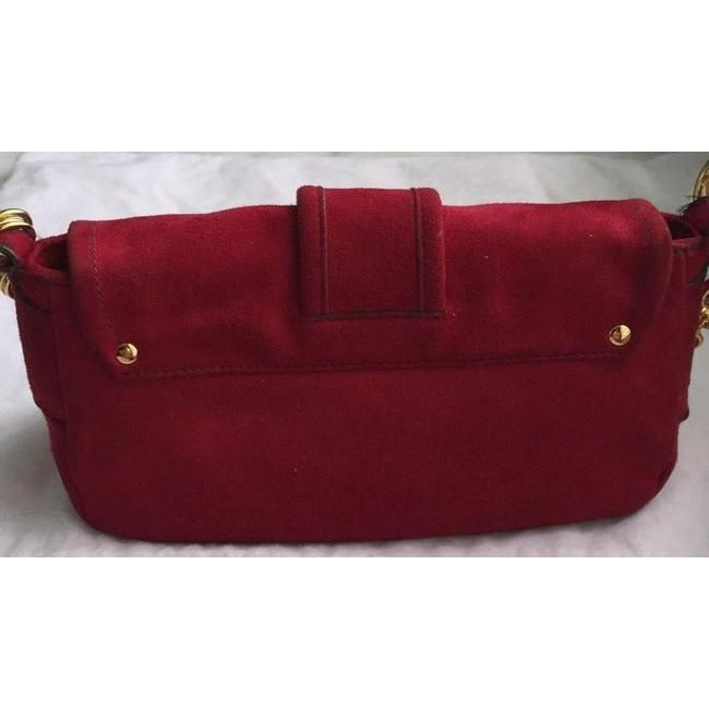 Prada Pattina Double Zip Pocket Rubino Camoscio Red Suede W Gold Chain And Leather Baguette