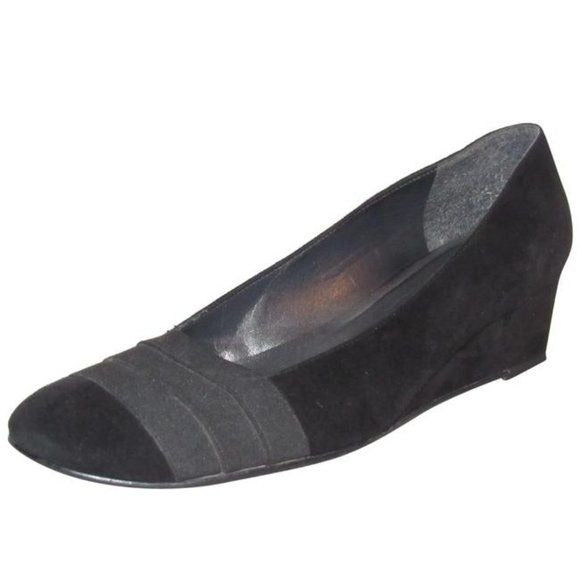 Stuart Weitzman Black Suede Wedges w Fabric Accents