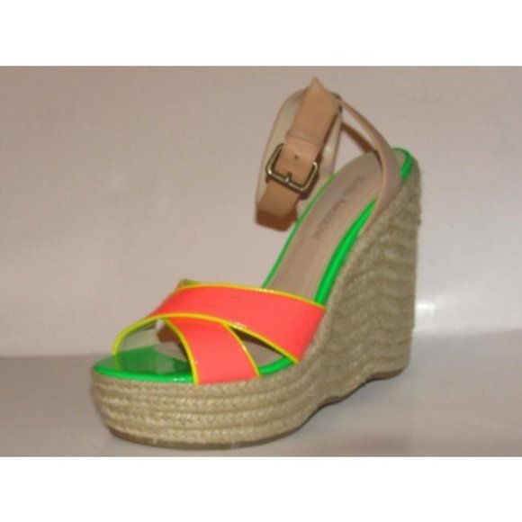 Enzo Angiolini Pink Yellow Green and Taupe Leather Wedge Sandals