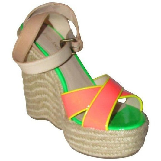 Enzo Angiolini Pink Yellow Green and Taupe Leather Wedge Sandals