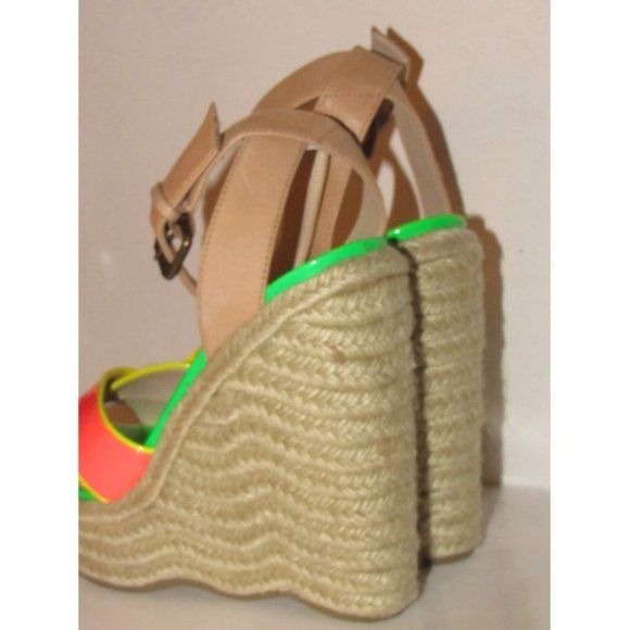 Enzo Angiolini Pink Yellow Green and Taupe Leather Wedge Sandals