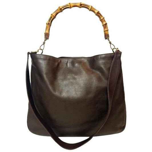 Gucci Shoulder W Two Way Style Handle Brown Leather Bamboo Hobo Bag