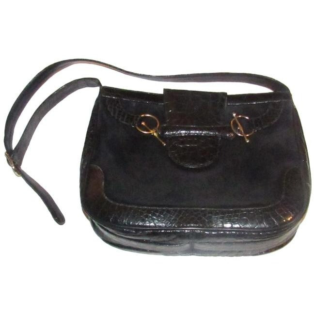 RARE, Gucci, 'snaffle' style, bohemian/mod, black suede and crocodile leather, hobo style shoulder purse with a wide, crocodile embossed leather flap snap closure and gold tone equestrian accents