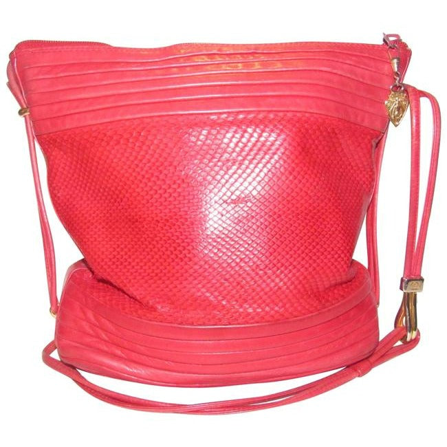 Gucci Red Python Skin & Smooth Leather Bucket Bag w Gold Accents