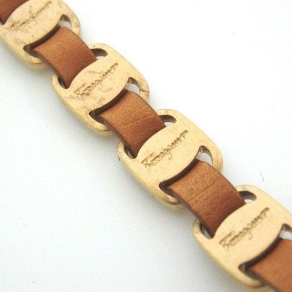 Salvatore Ferragamo VARA Camel Leather Gold Buckle Bracelet