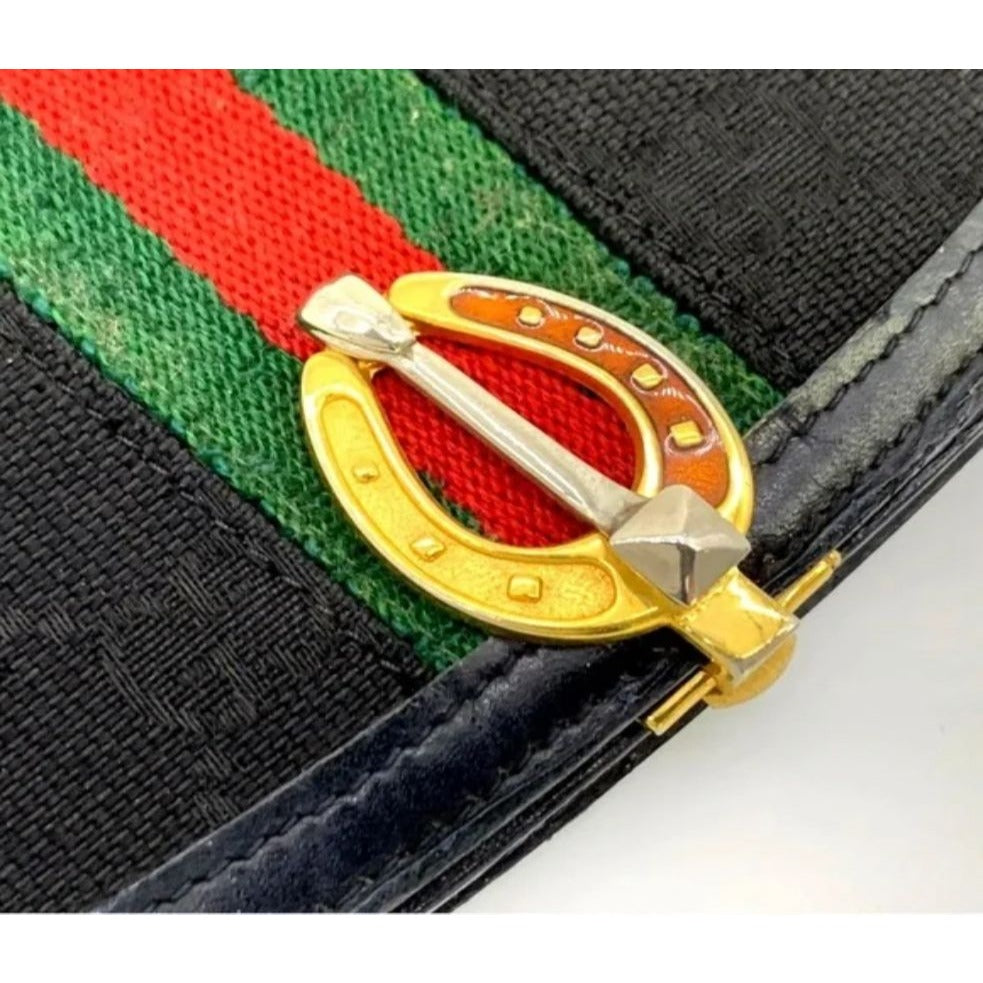 Rare, early Gucci, black Gucissima print canvas and black leather, semi-circular shape, wallet with an inlaid red and green Sherry stripe