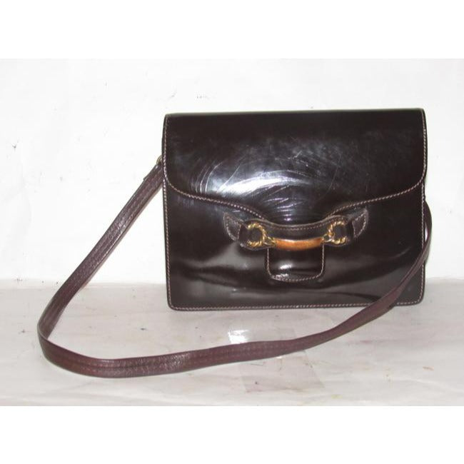 Gucci Horsebit Brown W Gold And Enamel Clasp Patent Leather Shoulder Bag