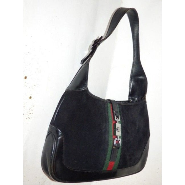 Gucci Shoulder Jackie W Suede Leather Sherry Black With Red Green Stripe Hobo Bag