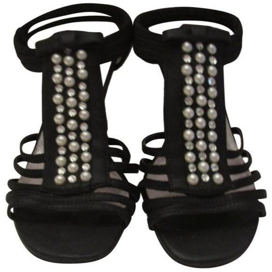 New York Transit Black Strappy Beaded Slingback Heels