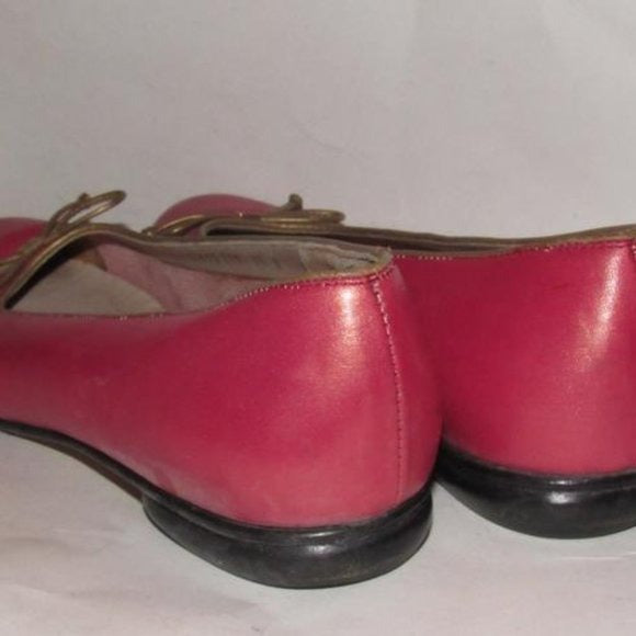 Salvatore Ferragamo Pink Leather Vintage Ballet Flats With Metallic Taupe Trim And Bows