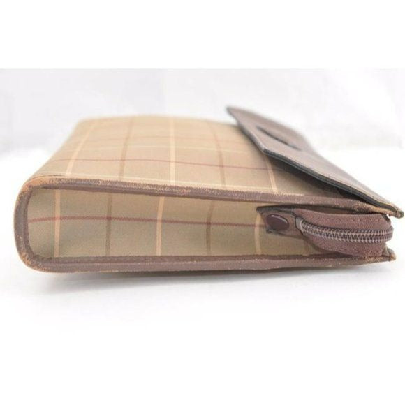 vintage, Burberry's, high end bohemian, greenish-khaki, red, and cream plaid/brown leather, XL clutch