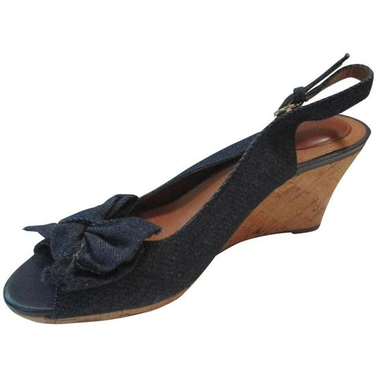 Clarks Blue Denim Cork Wedge Bow Sandals Size Us