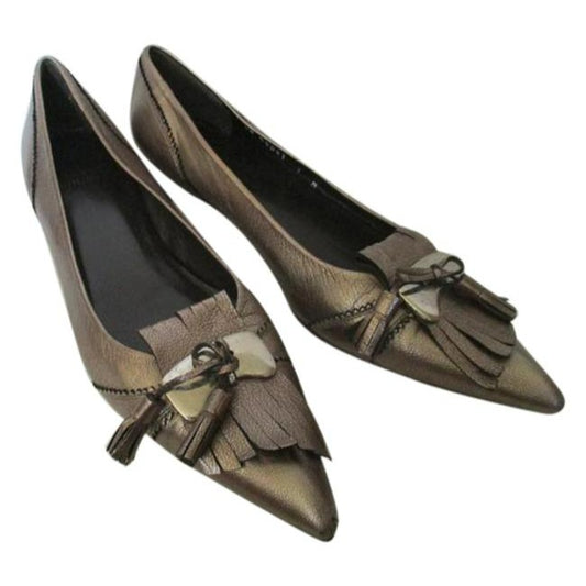 Stuart Weitzman Metallic Pewterdark Gold Pointed Toe Tassel Pewterdark Flats Size Us