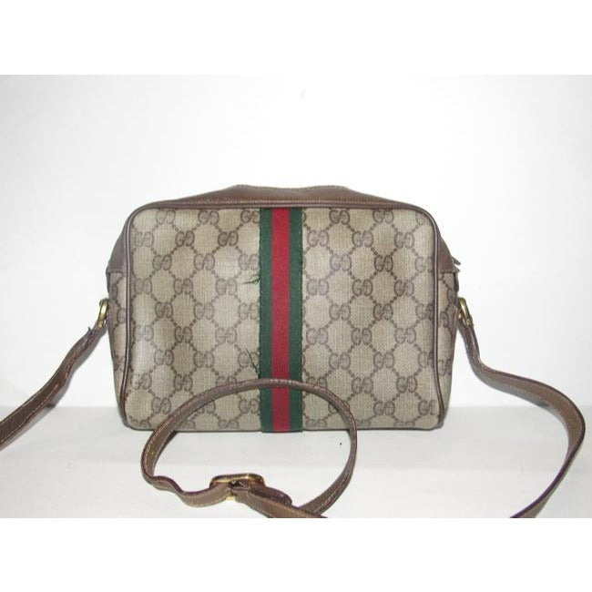 ON SALE! Gucci vintage brown Guccissima print coated canvas & brown leather, cross body with front zip pocket and red and green striped accent