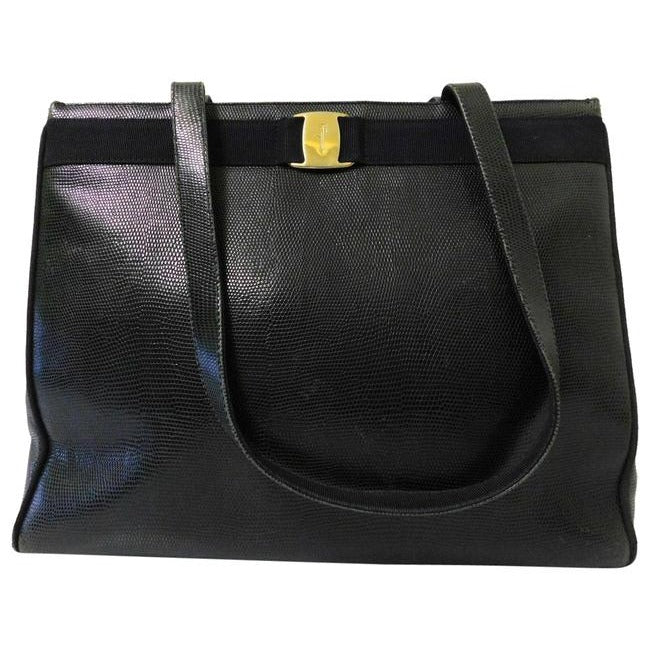 Salvatore Ferragamo Xl Style Purse Black Textured Leather With Gold Vara Accent Lizard Embossed Satc