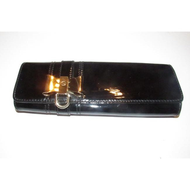 Gucci Black Patent Leather Duchessa Clutch W Gold Bow Accent