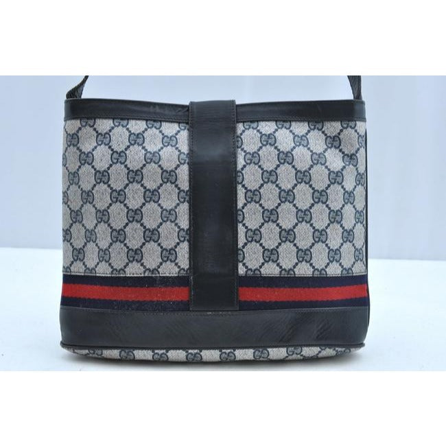 RARE, vintage Gucci, navy Guccissima print leather, satchel style, bucket bag with blue and red stripe