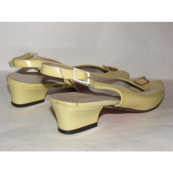 1960's, amazing, MOD Salvatore Ferragamo, size 6.5C, pale yellow patent leather, open toe, 2" chunkier heeled slingback sandals