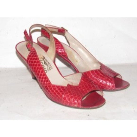 Salvatore Ferragamo Red Snakeskin Leather D'Orsay Sandals