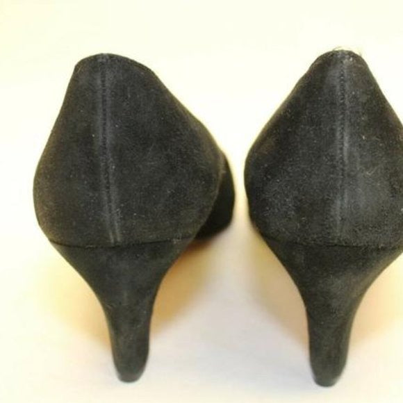 Salvatore Ferragamo black suede kitten Heels with round, scalloped gold and enamel, buckle accents!