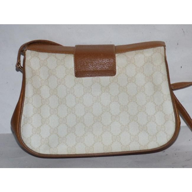 Gucci Vintage Purses Ivory Coated Canvas With Camel Large G Logo Leather