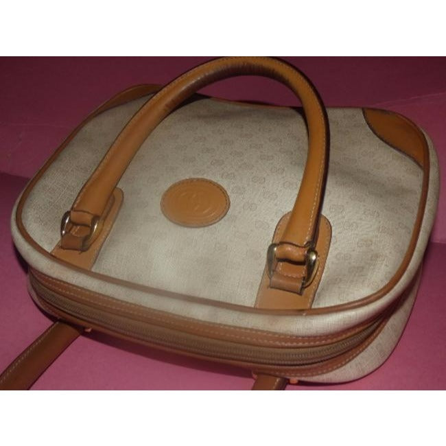 Gucci Boston Vintage Ivory And Camel Small G Logo Leather Coated Canvas Satchel